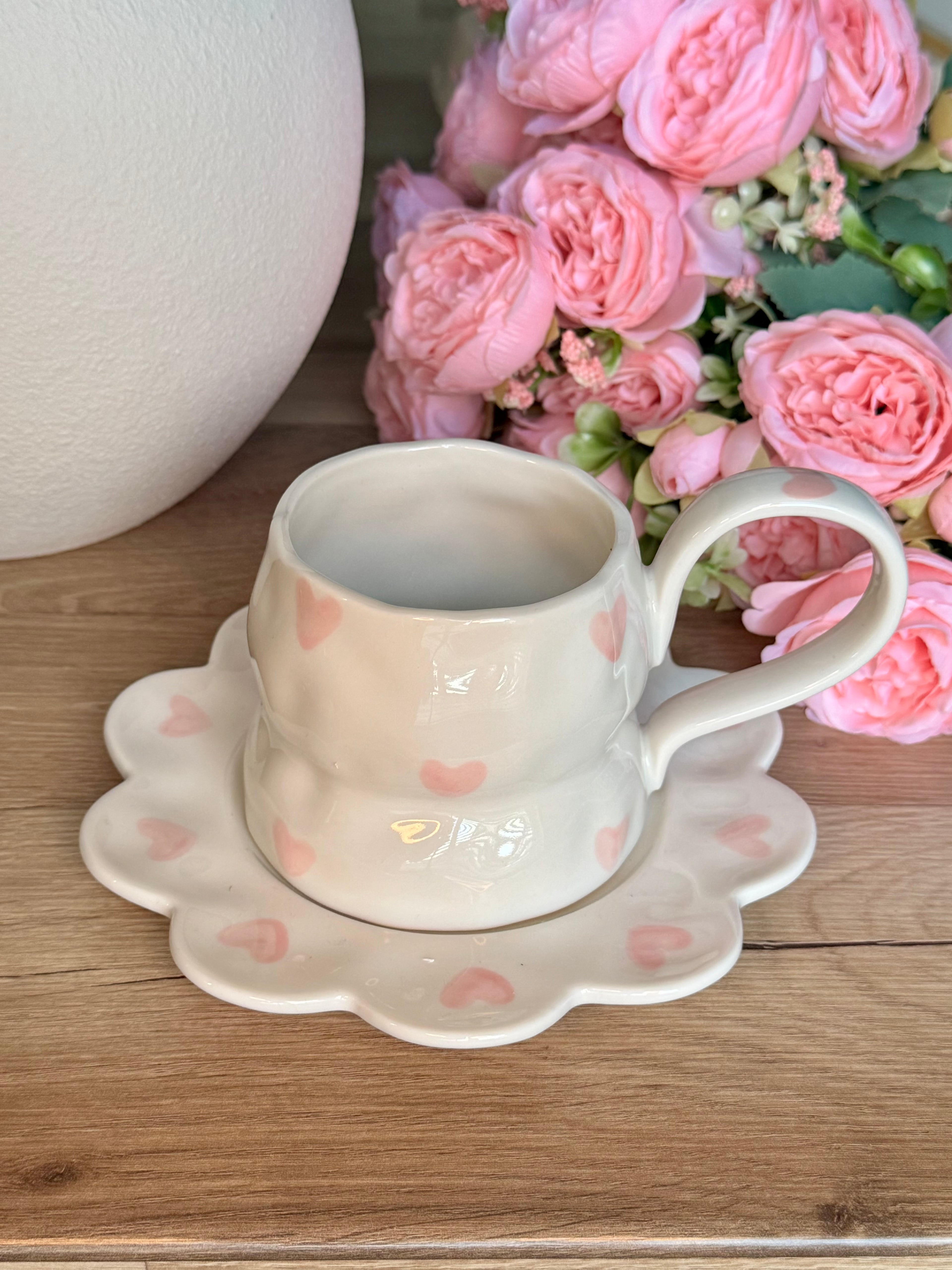 Pink heart cup with saucer